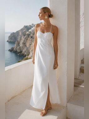 Zara White Linen Maxi Dress Open Back Coastal Bridal Resort Vacation XL NWT